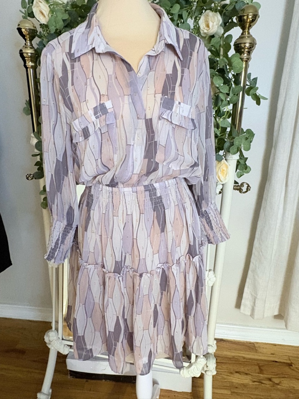 Pastel Lavender-Pink Long Sleeve Tiered Shirt Dress